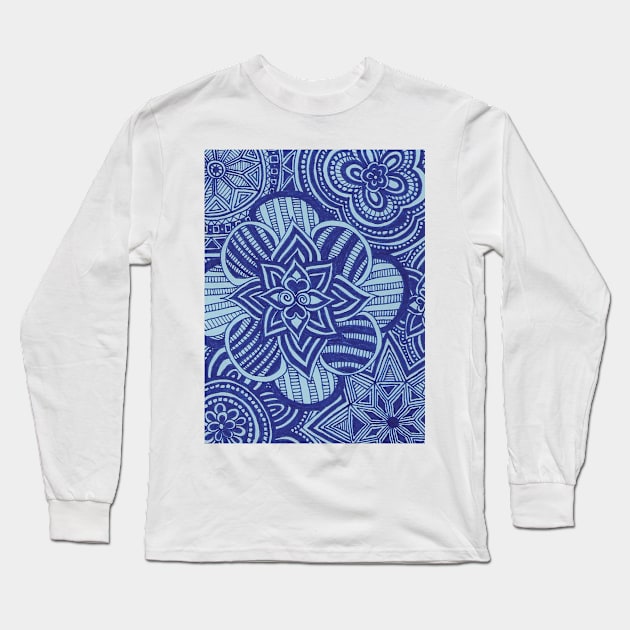 Cobalt Floral Snowflakes Long Sleeve T-Shirt by AmyMinori